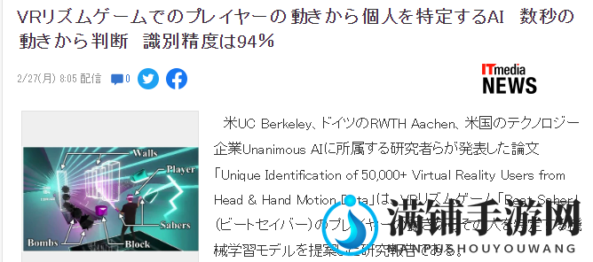 研究团队公布新AI 仅凭VR游戏《节奏光剑》动作找出玩家